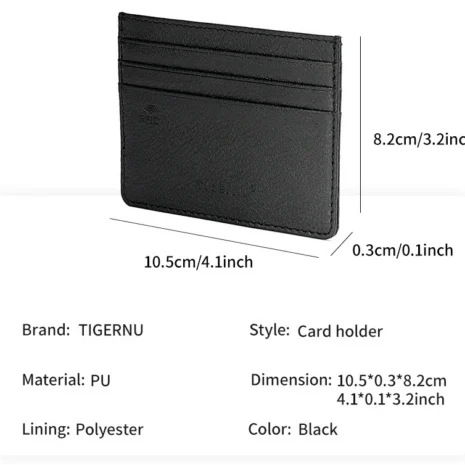 Tigernu T-C001 RFID-kortholder - dimensjoner og spesifikasjoner Tigernu T-C001 kortholder med dimensjoner 10,5 x 8,2 x 0,3 cm i svart PU-lær